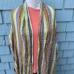 Vintage striped green brown metallic fringe shawl pashmina scarf fall